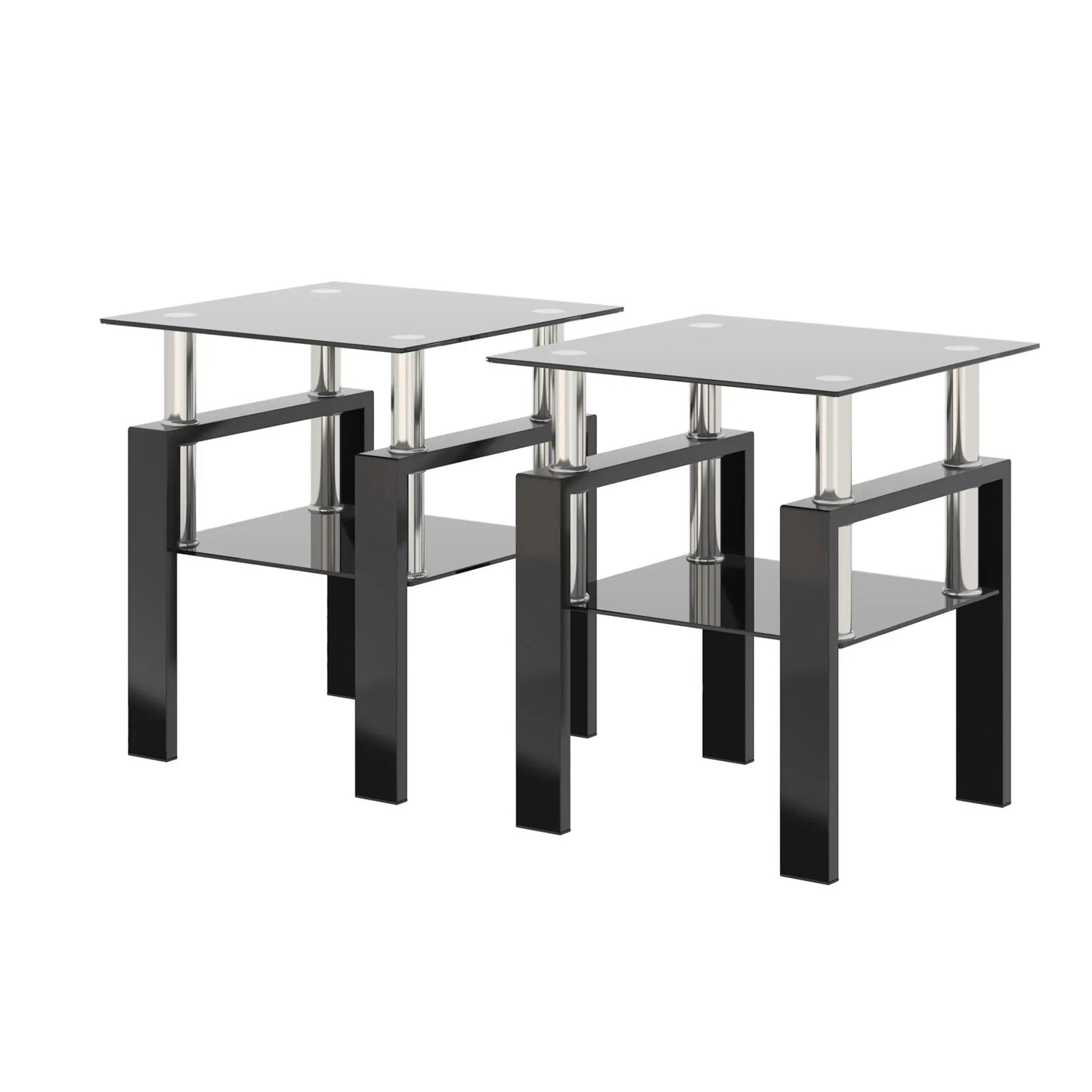 Modern tempered glass end tables set of 2 in black with square clear tops and chrome legs on Tampa Home & Garden Store
