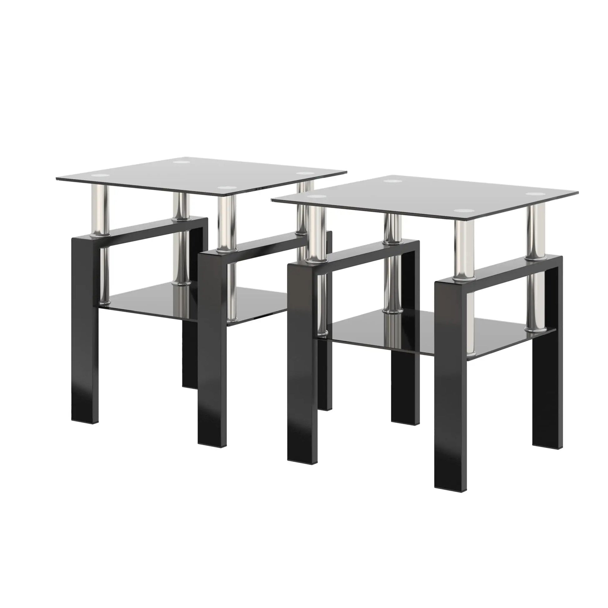 Modern tempered glass end tables set of 2 in black with square clear tops and chrome legs on Tampa Home & Garden Store