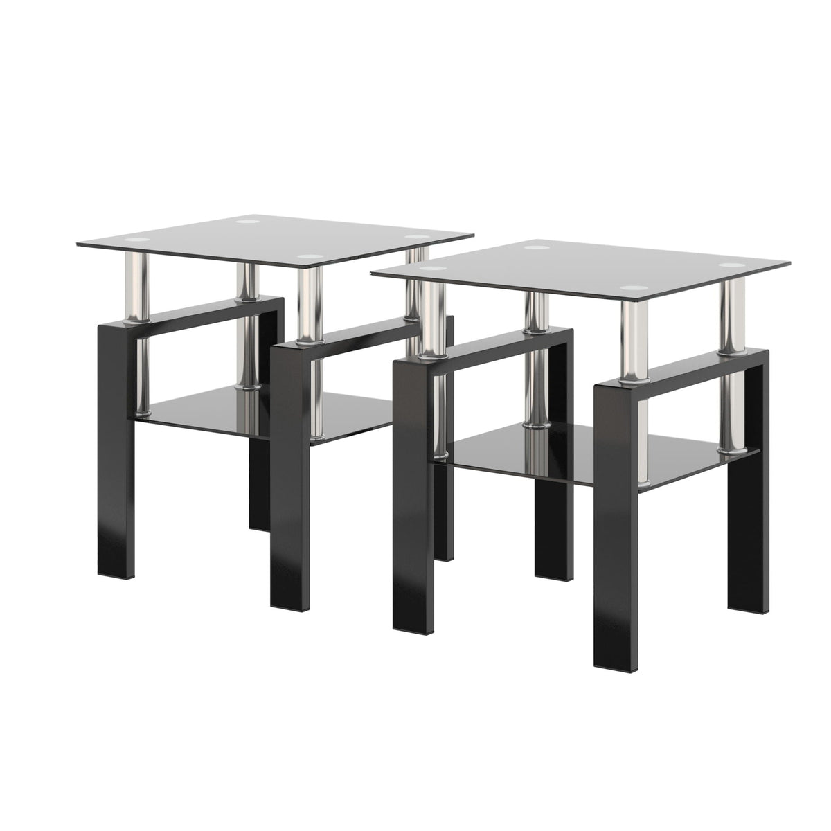 Modern tempered glass tea table set, HouseOfZazla, black metal frame and chrome legs, 2 tables on Tampa Home & Garden Store