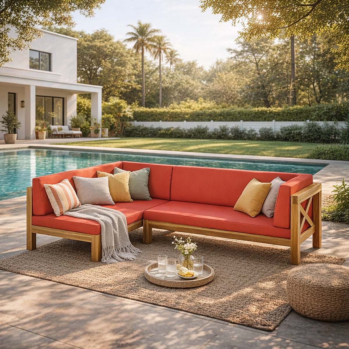 Brava X Back Right Corner Bench with Acacia wood frame and orange cushions by poolside on Tampa Home & Garden Store