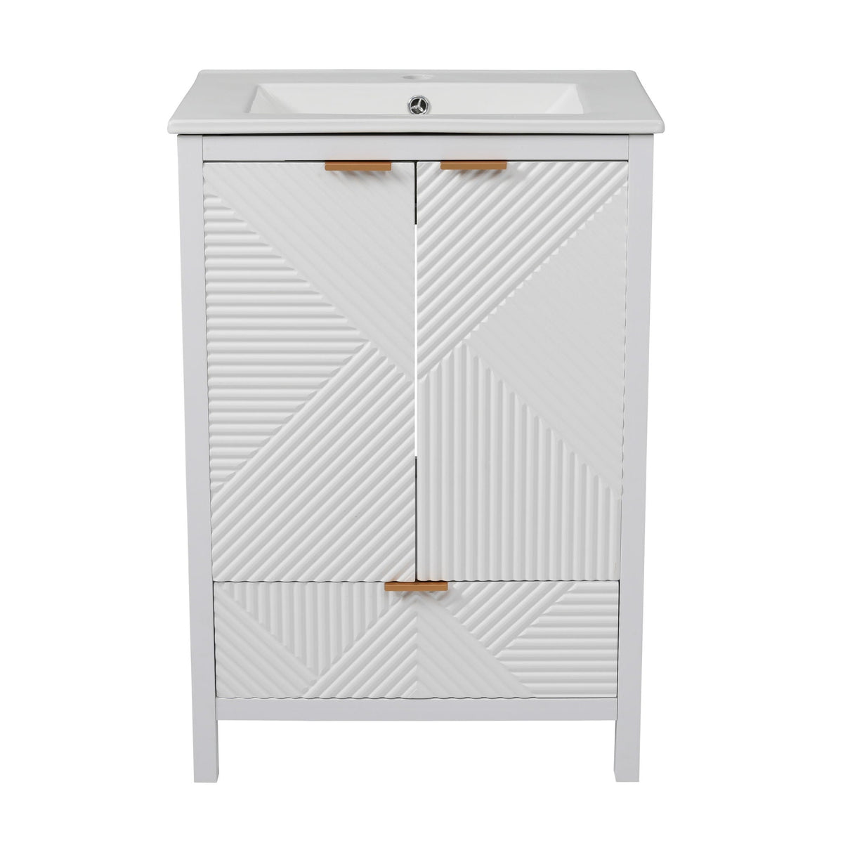 Modern bathroom vanity with sink, white ribbed doors, gold pulls, compact storage HouseOfZazla on Tampa Home & Garden Store