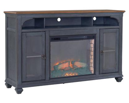 Blue fireplace TV stand with wood top, open shelf and two glass cabinets with faux glow on Tampa Home & Garden Store