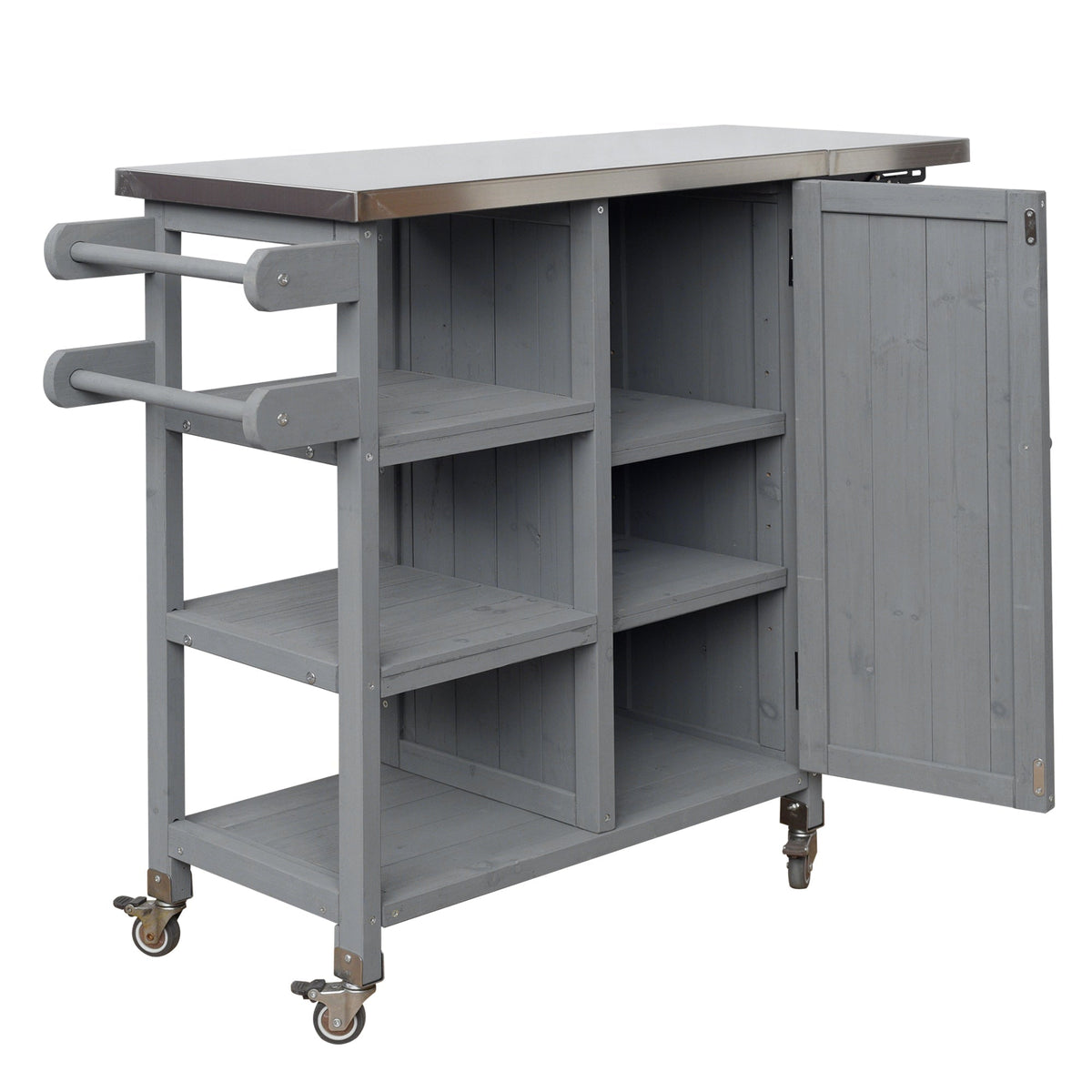 Foldable Outdoor Kitchen Island Cart, gray wood with stainless top, on wheels on Tampa Home & Garden Store