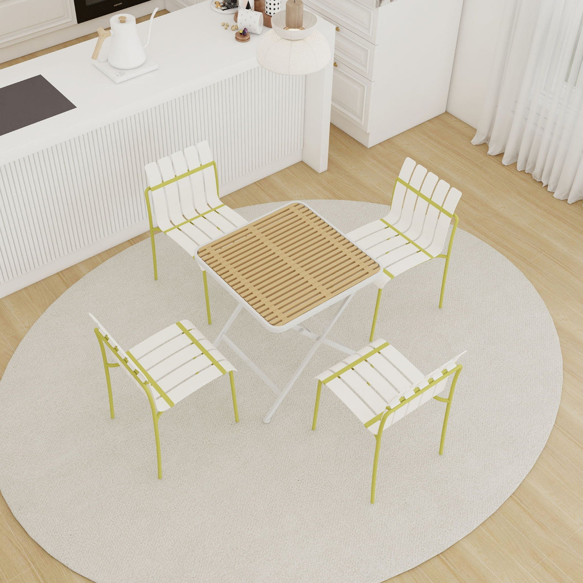 Modern color block 5-piece outdoor dining set with white foldable chairs and yellow accents on Tampa Home & Garden Store