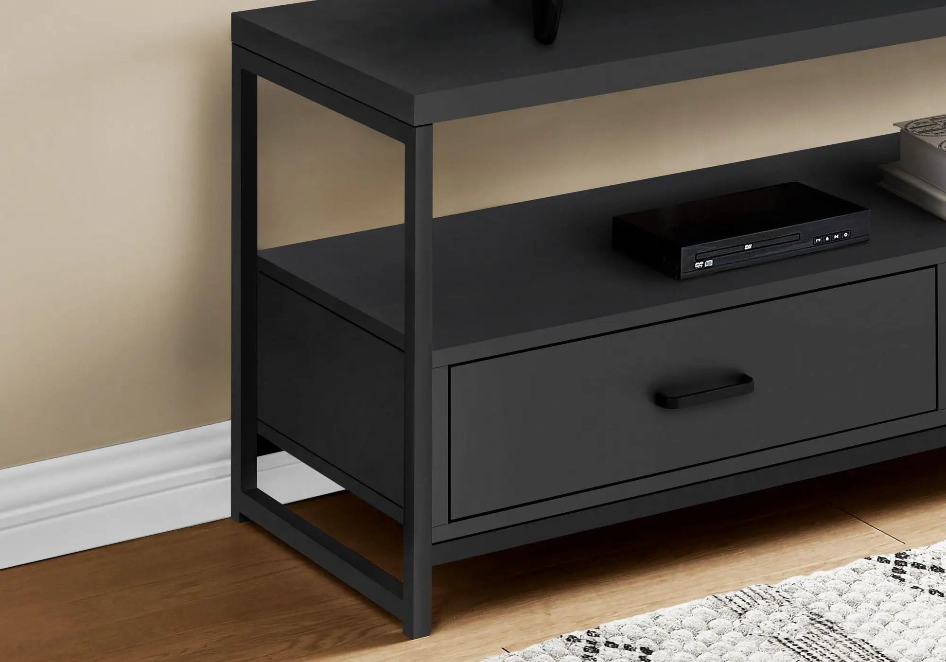 TV stand console in matte black with open shelf and storage drawer modern media center on Tampa Home & Garden Store
