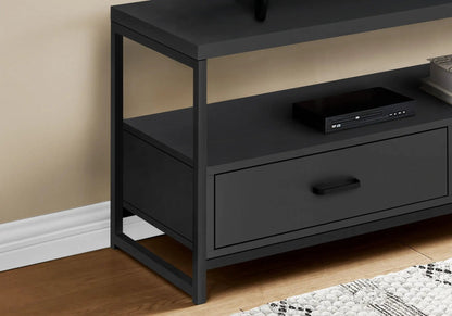 TV stand console in matte black with open shelf and storage drawer modern media center on Tampa Home & Garden Store