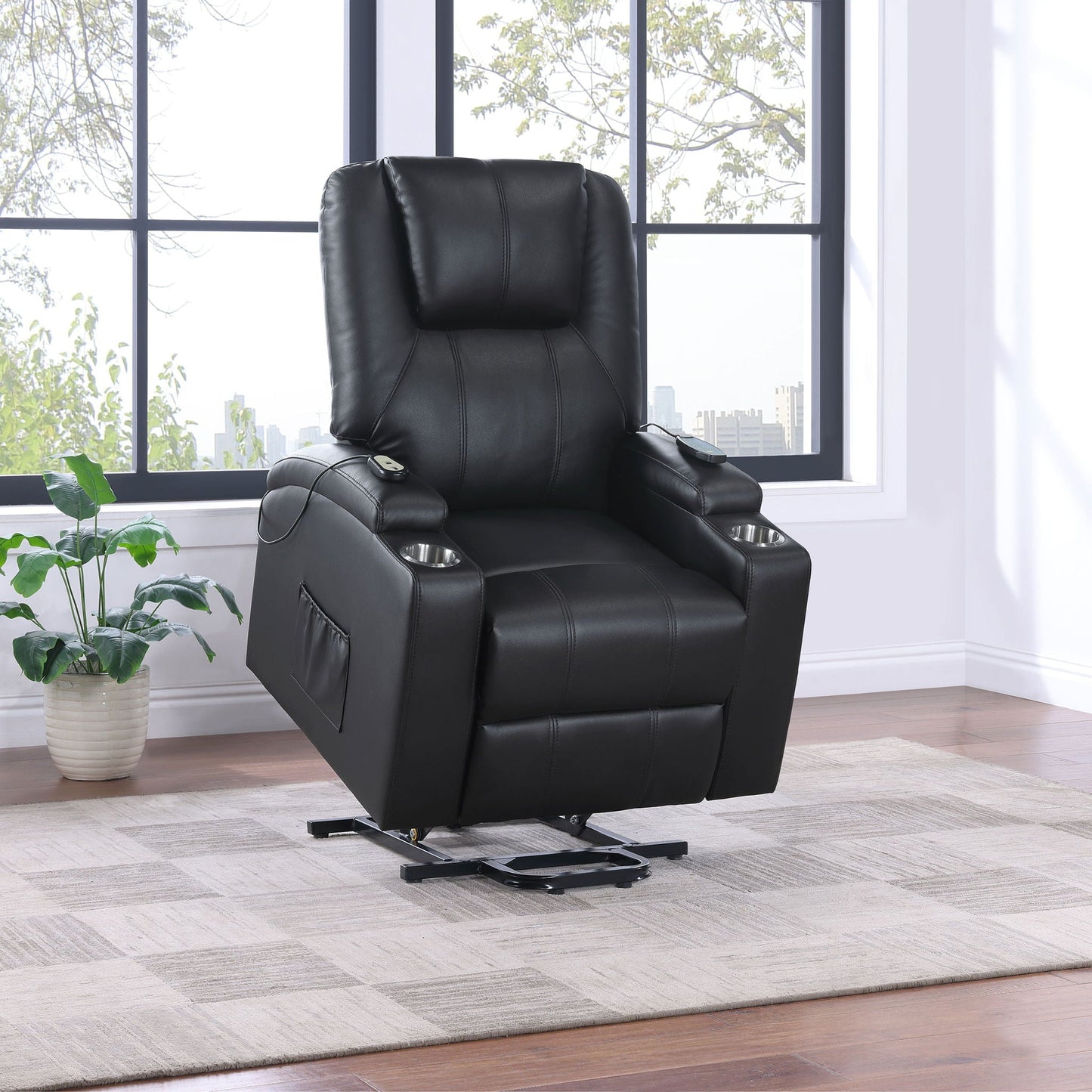 Macklin power lift massage recliner black leather with heat dual cupholders remote on Tampa Home & Garden Store