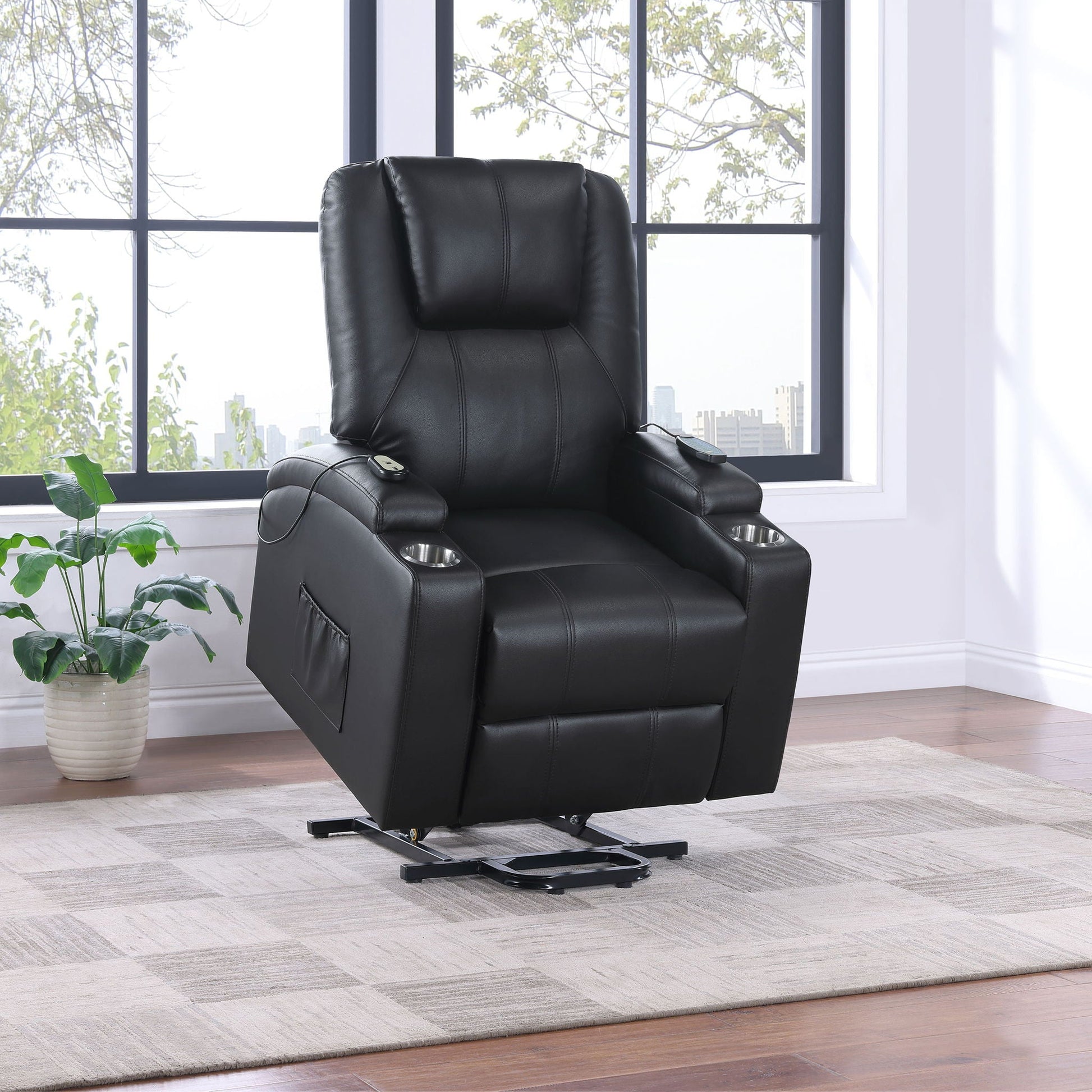 Macklin power lift massage recliner black leather with heat dual cupholders remote on Tampa Home & Garden Store