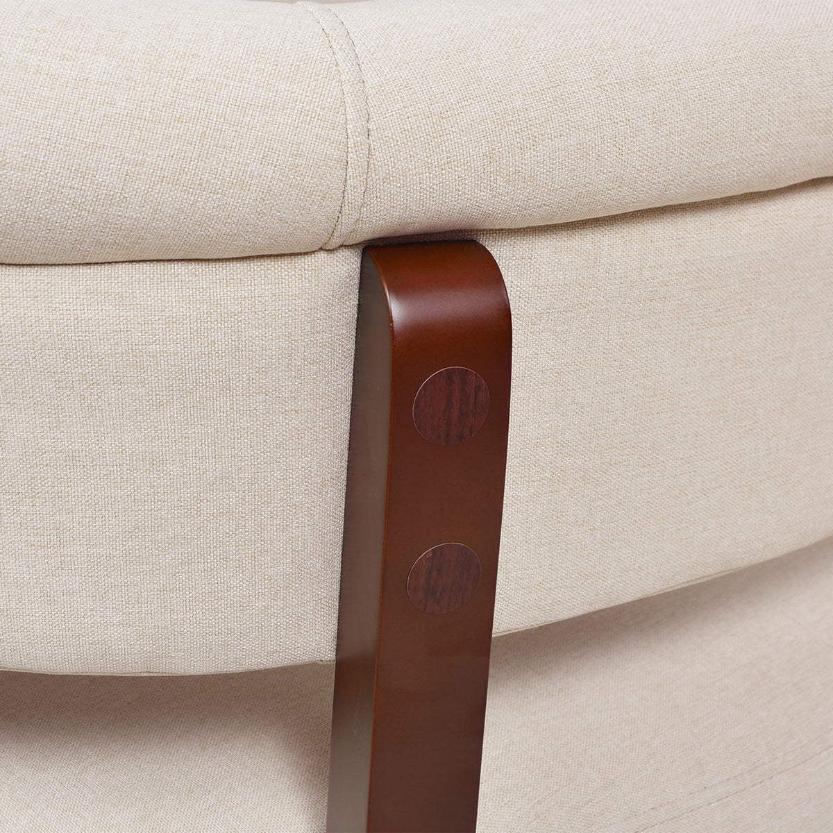 Jared roll-arm tufted bench settee in beige plush upholstery with wood strap on Tampa Home & Garden Store