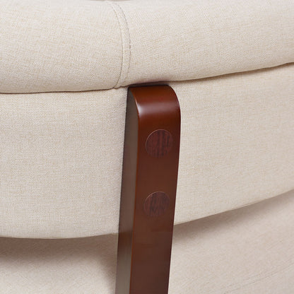 Jared roll-arm tufted bench settee in beige plush upholstery with wood strap on Tampa Home & Garden Store