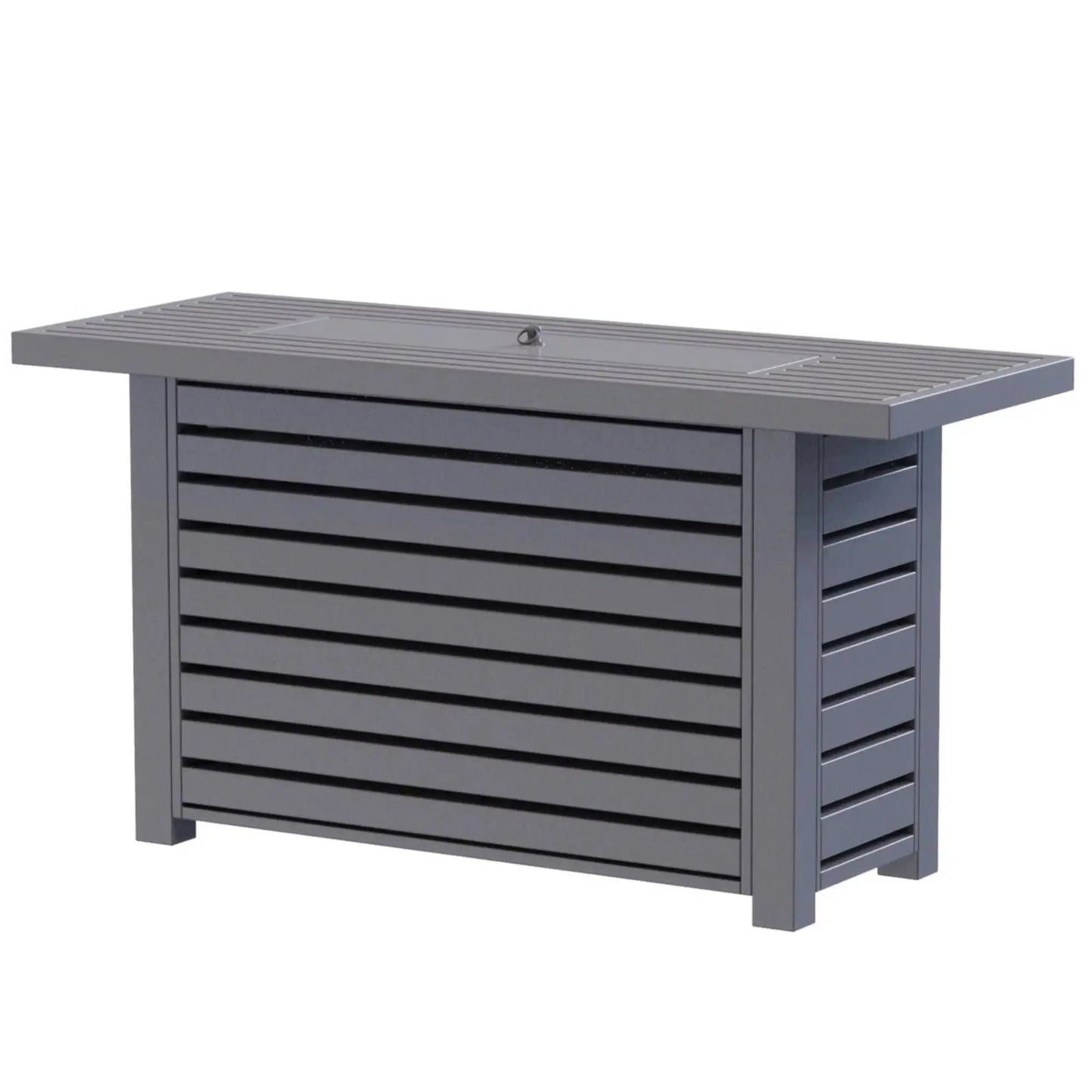 Propane outdoor fire pit table with lid, gray metal, slatted panels by Unique Piece Furniture on Tampa Home & Garden Store