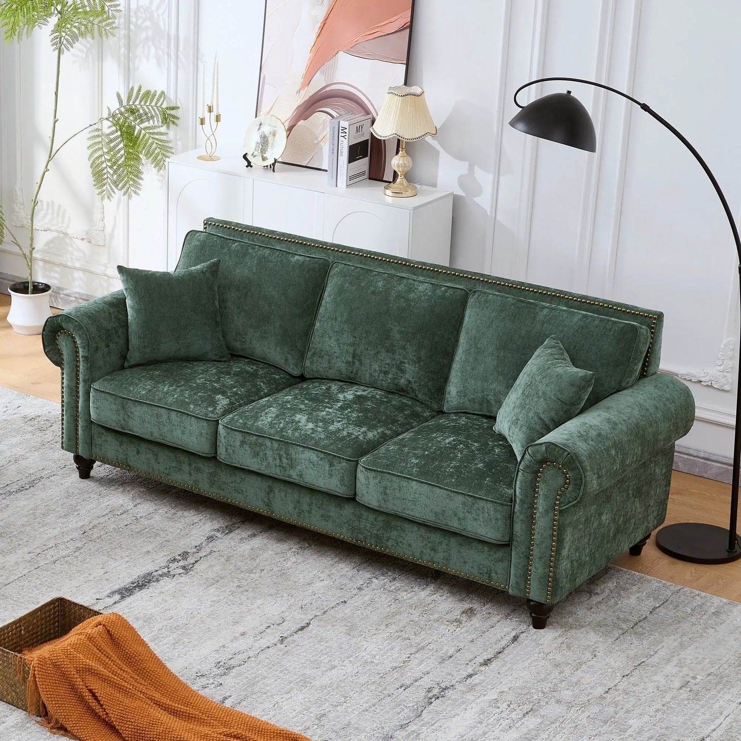 3 Seater sofa green velvet with tufted upholstery, rolled arms, nailhead trim on Tampa Home & Garden Store