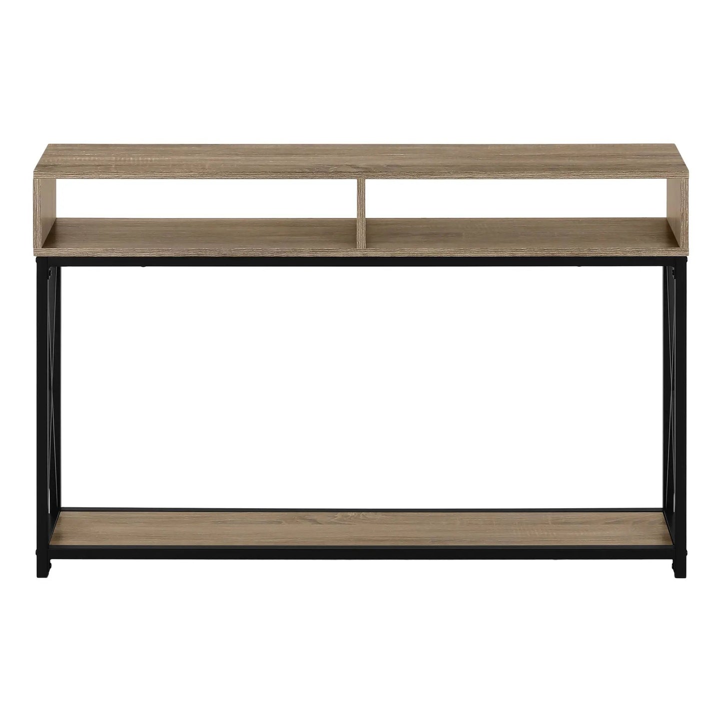 Accent console table in light oak finish with black metal frame and dual open cubbies on Tampa Home & Garden Store