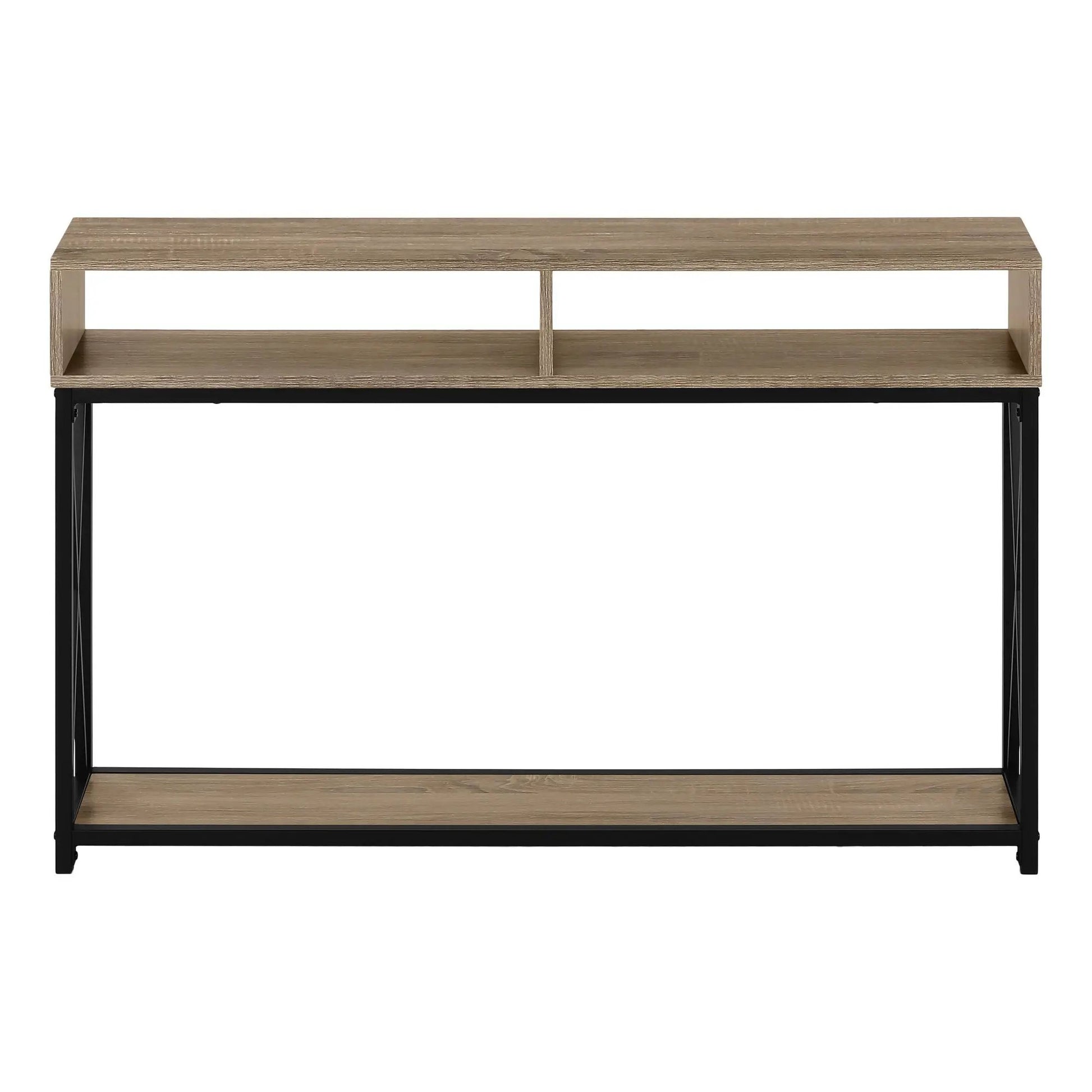 Accent console table in light oak finish with black metal frame and dual open cubbies on Tampa Home & Garden Store
