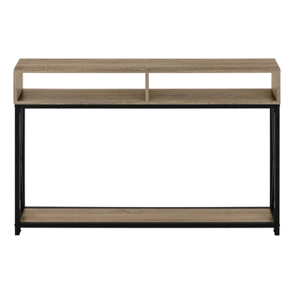 Accent console table in light oak finish with black metal frame and dual open cubbies on Tampa Home & Garden Store