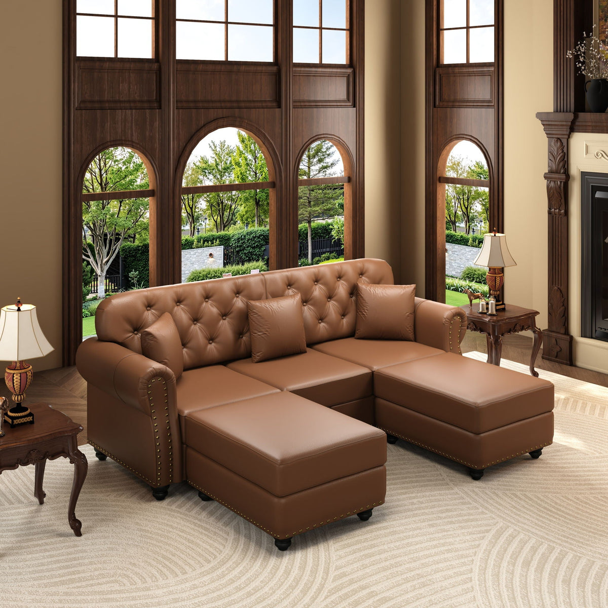 Upholstered Sofa with Nailhead and Ottoman
