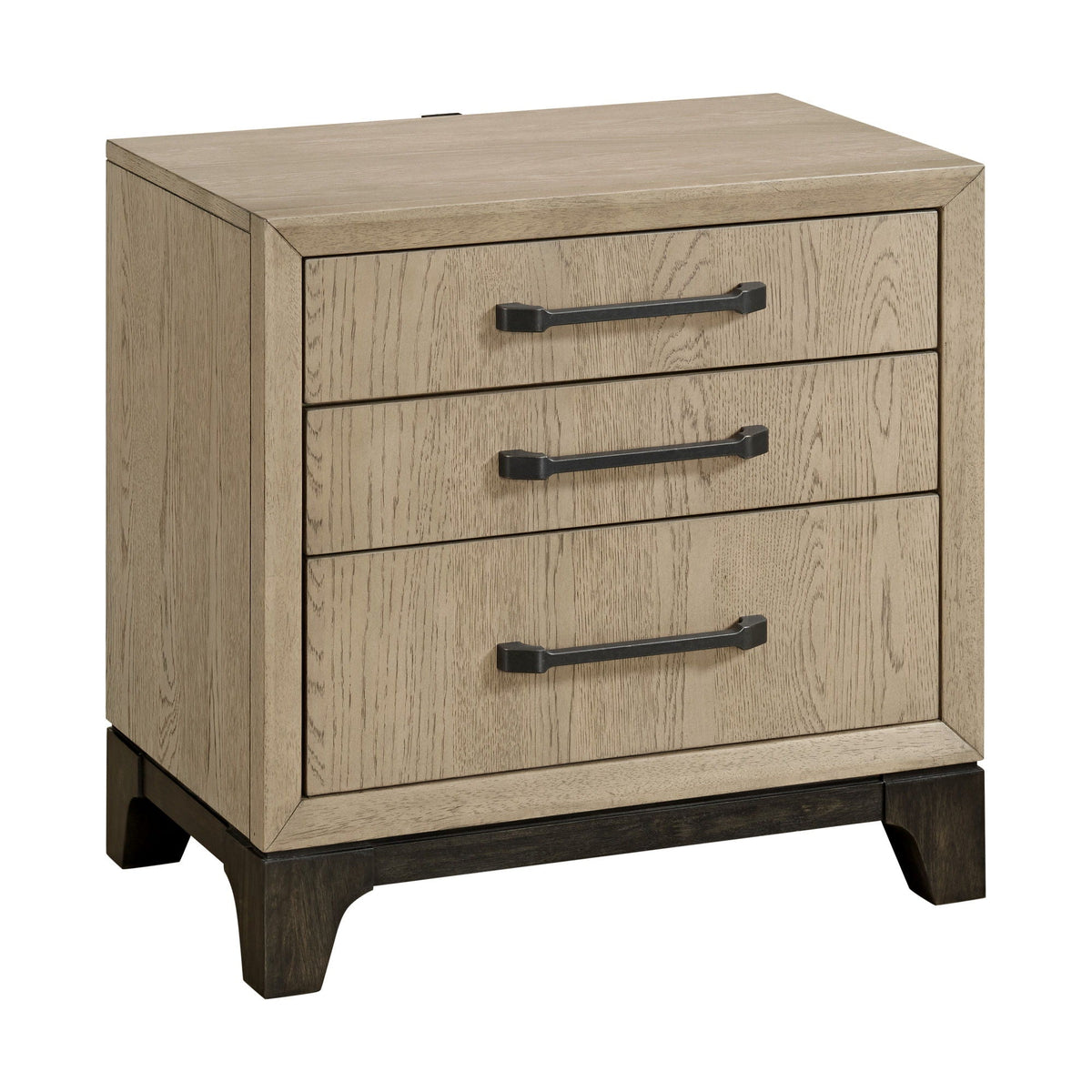 3-Drawer Nightstand in brown oak with black metal pulls and curved base on Tampa Home & Garden Store