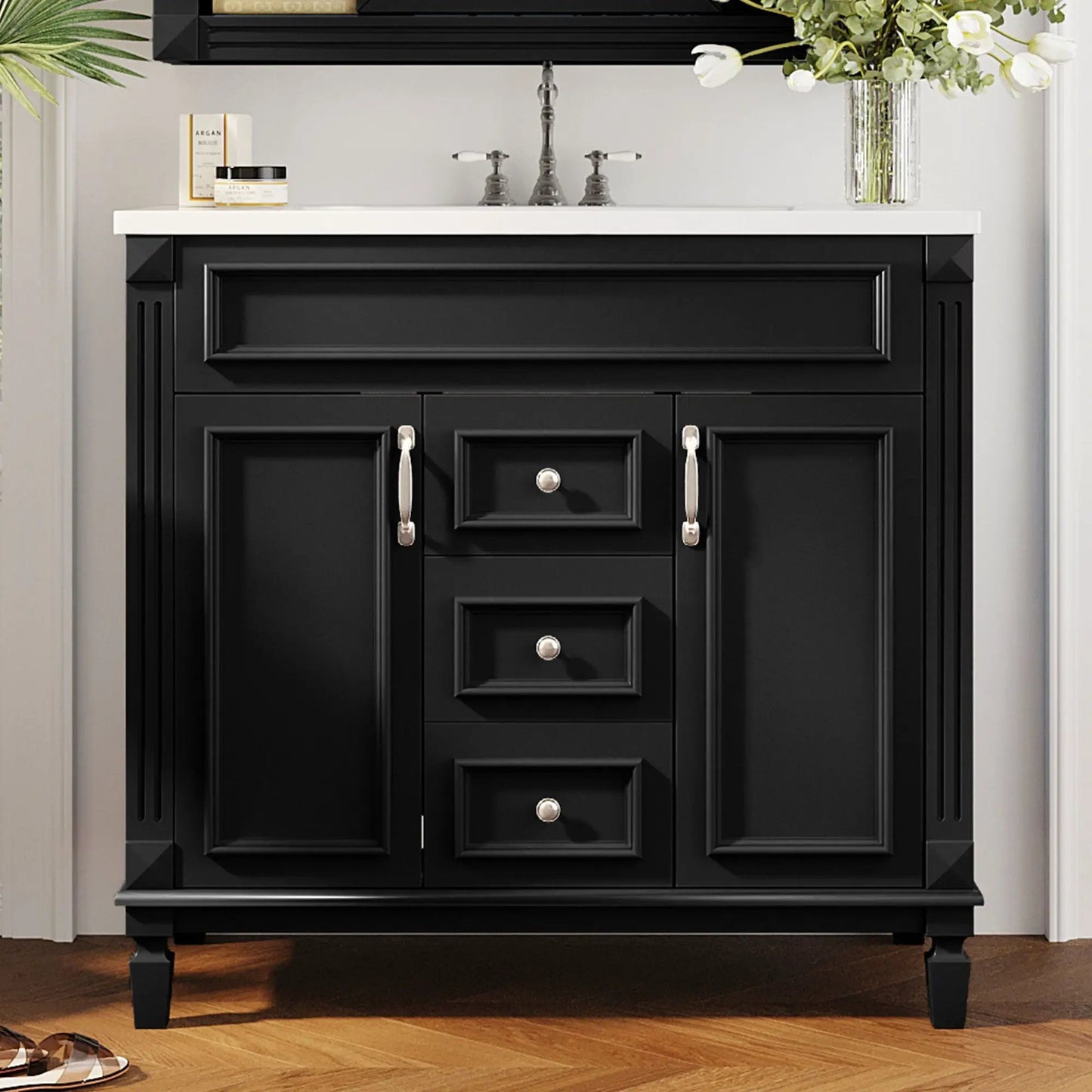Bathroom Vanity Cabinet With 2 Soft Closing Doors And 2 Drawers black vanity base with white top on Tampa Home & Garden Store