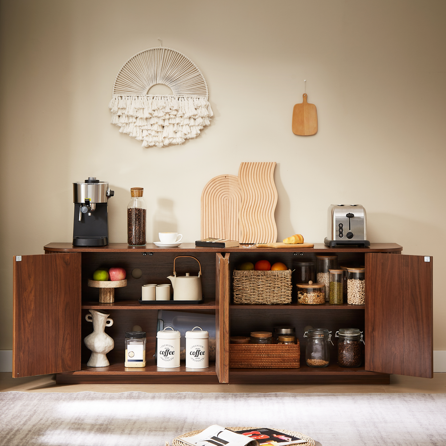 Sideboard storage cabinet in dark walnut with open shelves and coffee gear on Tampa Home & Garden Store