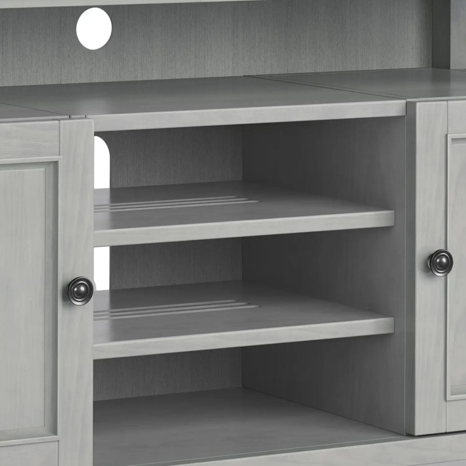 Amherst TV media stand handcrafted by Unique Piece Furniture in gray wood with open shelves on Tampa Home & Garden Store