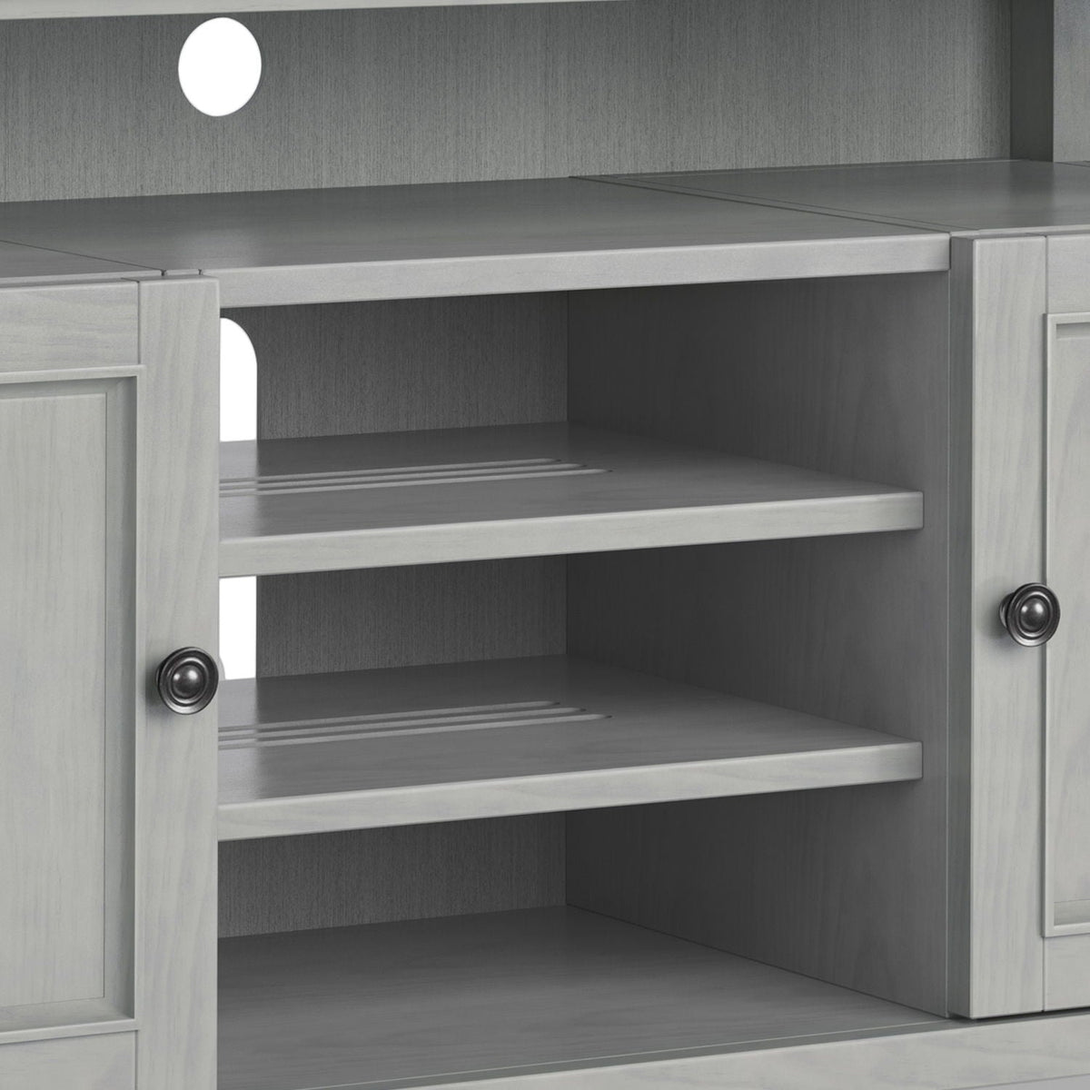 Solid Wood TV Stand with Adjustable Shelves in gray wash with side cabinet doors on Tampa Home & Garden Store