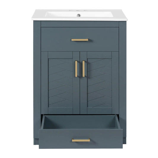 Modern bathroom vanity with integrated ceramic sink blue-gray cabinet, 2 doors, tip-out drawer on Tampa Home & Garden Store
