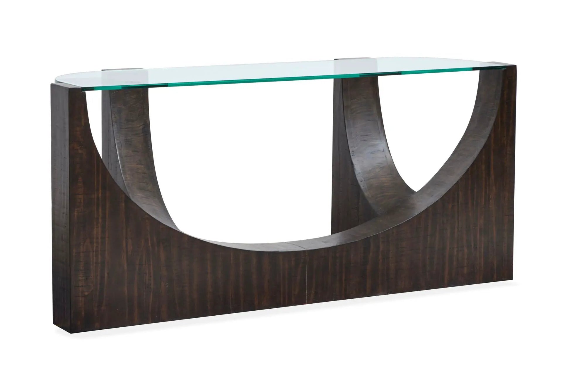 Beckham end table by Unique Piece Furniture with glass top and dark curved wooden base on Tampa Home & Garden Store