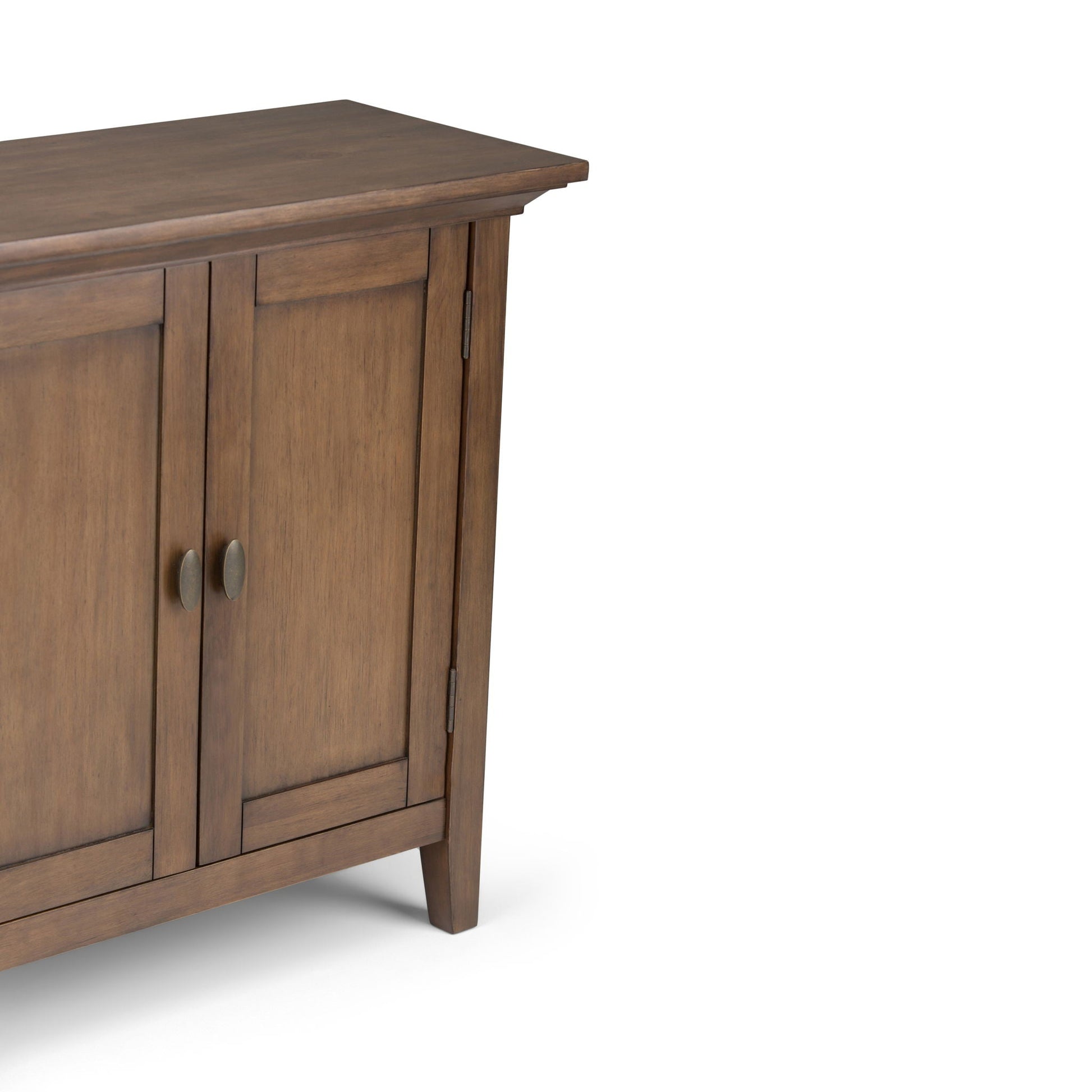 Redmond handcrafted low storage cabinet in warm brown with 2 doors and round metal pulls on Tampa Home & Garden Store