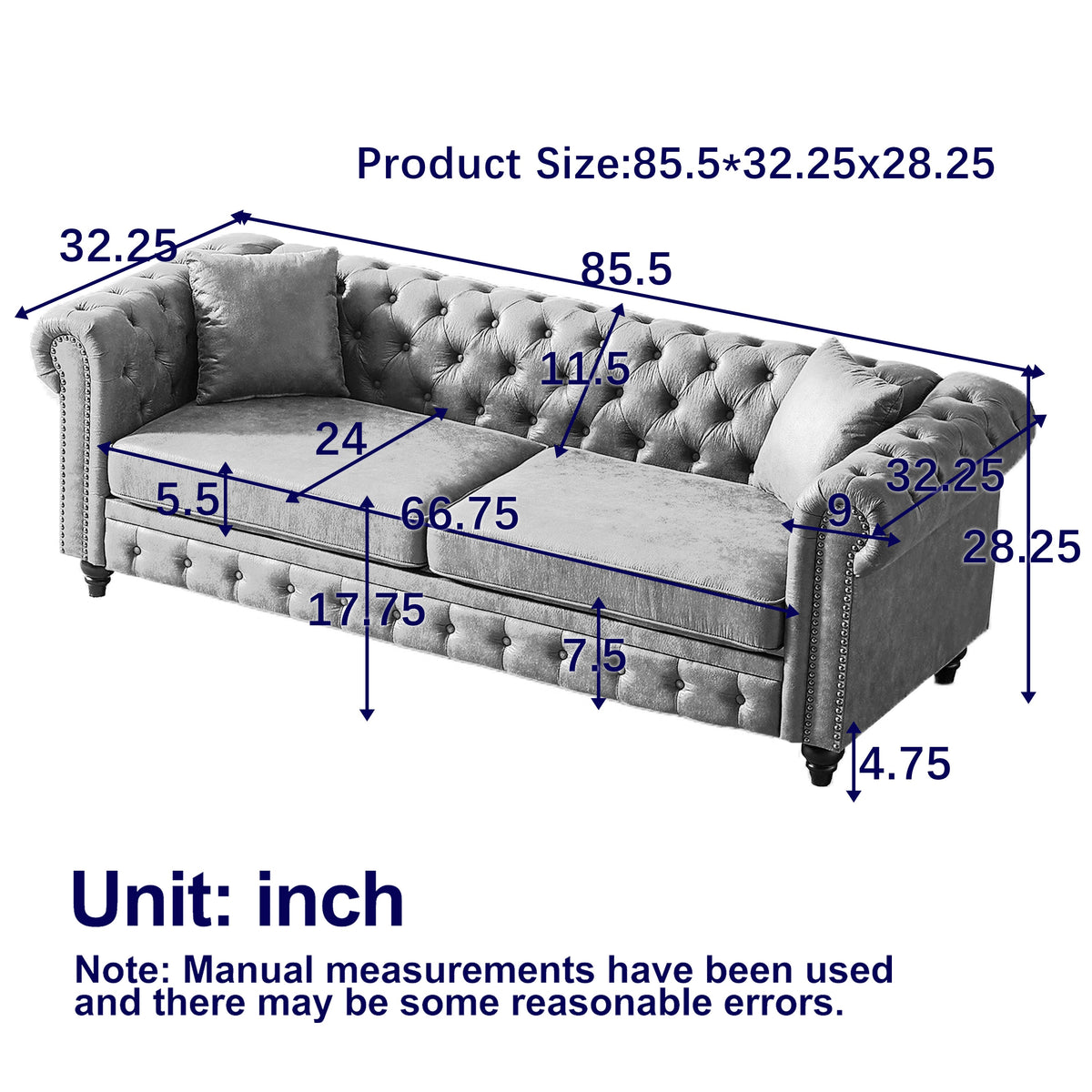 Tech Fabric Chesterfield Sofa with Rolled Arms