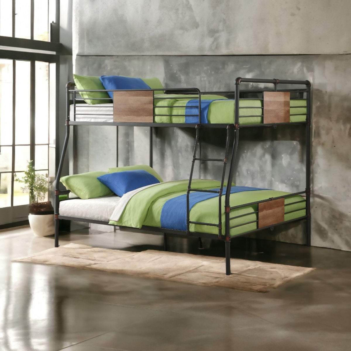Brantley bunk bed full/queen, black metal frame with wood panels, lime green and blue bedding on Tampa Home & Garden Store