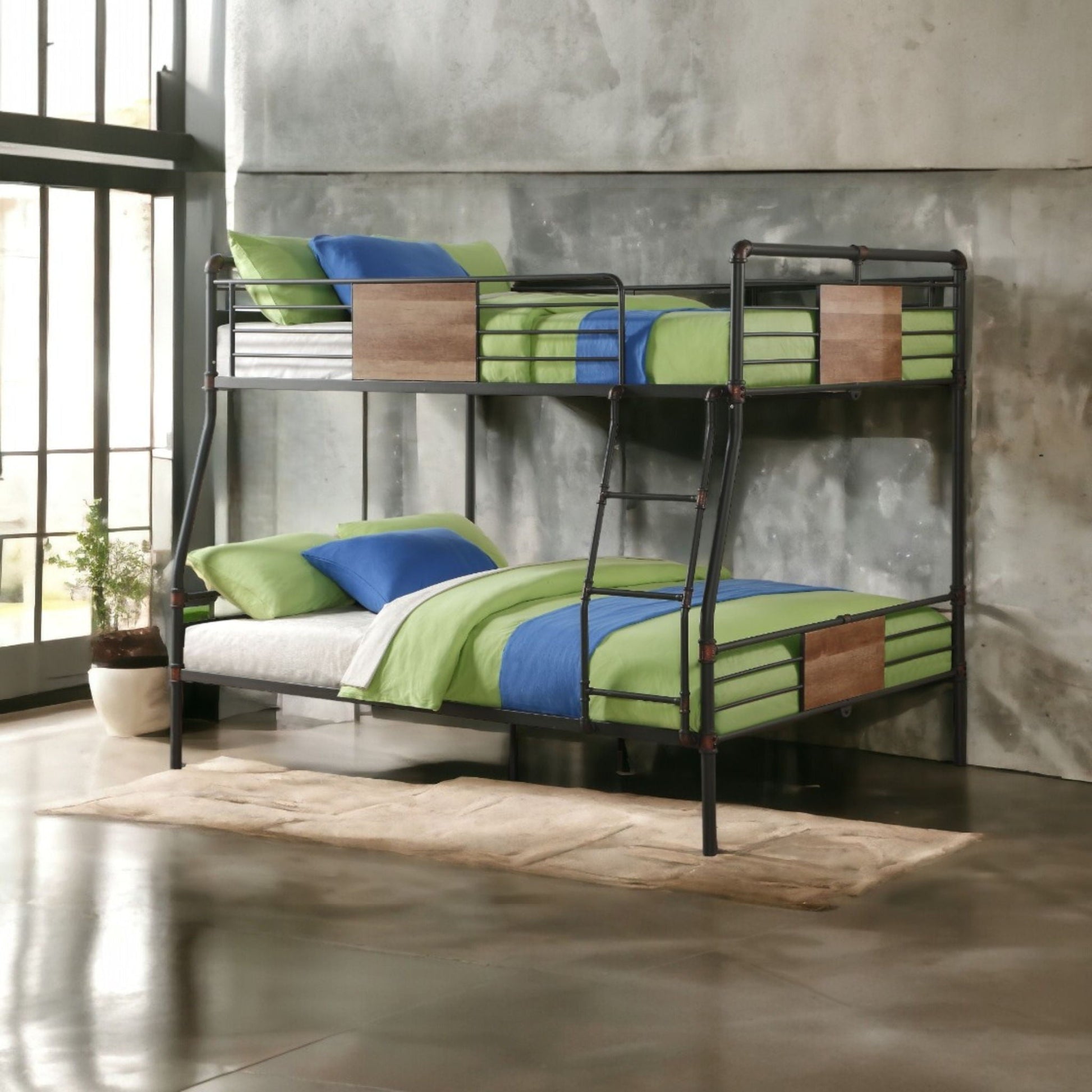 Brantley bunk bed full/queen, black metal frame with wood panels, lime green and blue bedding on Tampa Home & Garden Store