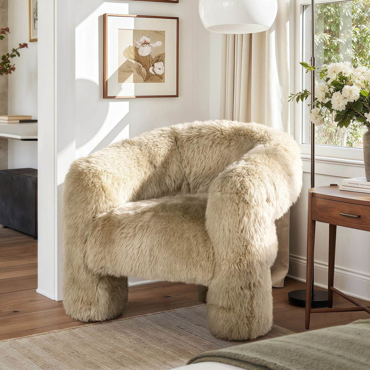 Genuine Sheepskin Fur Split Barrel Back Accent Chair with base in natural blonde, ottomans on Tampa Home & Garden Store