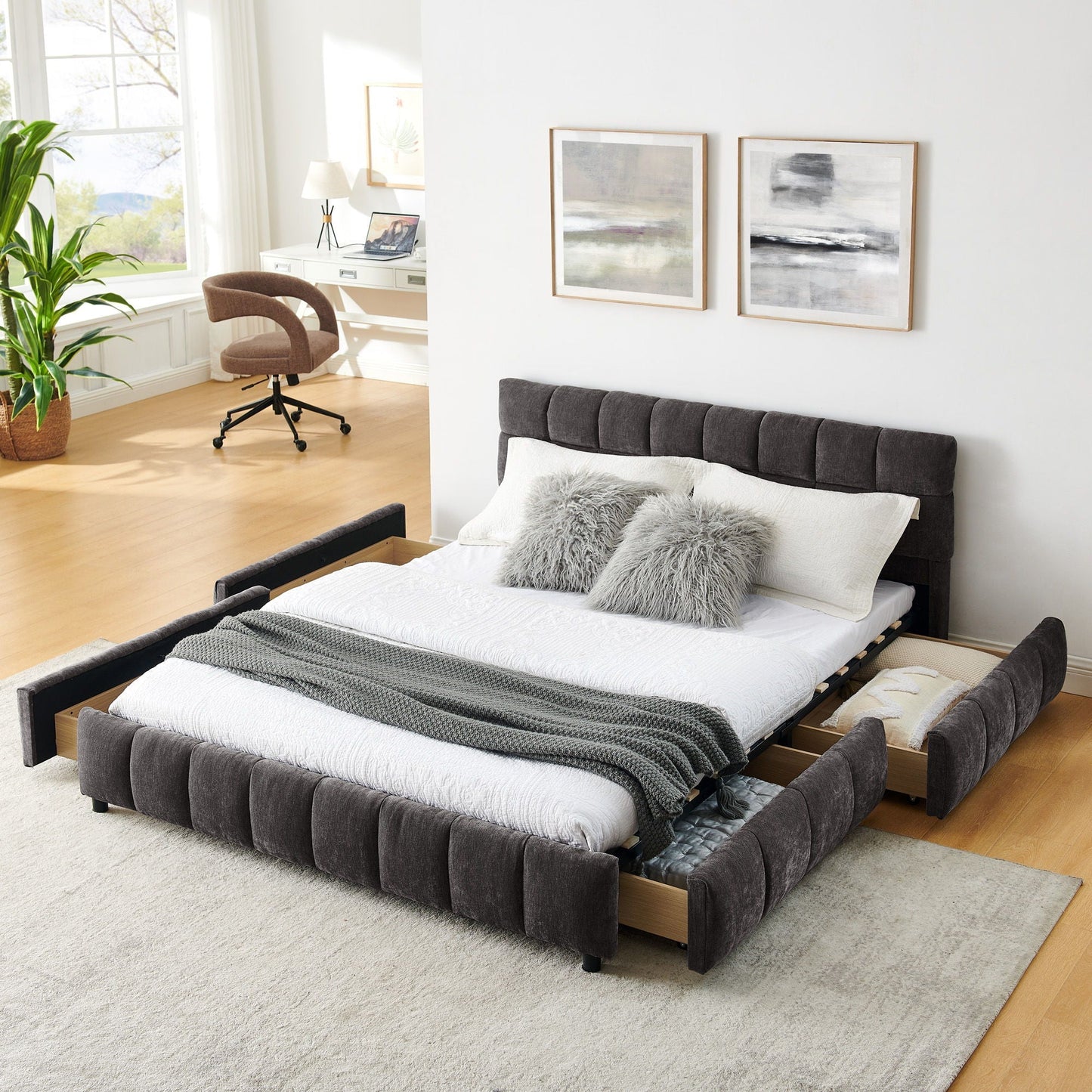 Modern Platform Bed and Thick Fabric Headboard