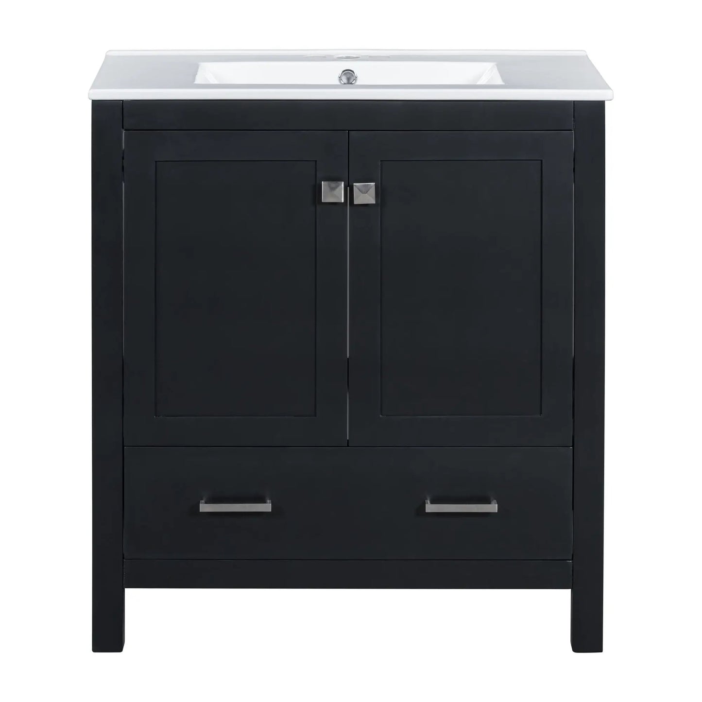 Bathroom vanity with single sink with white top atop black solid wood cabinet with 2 doors on Tampa Home & Garden Store