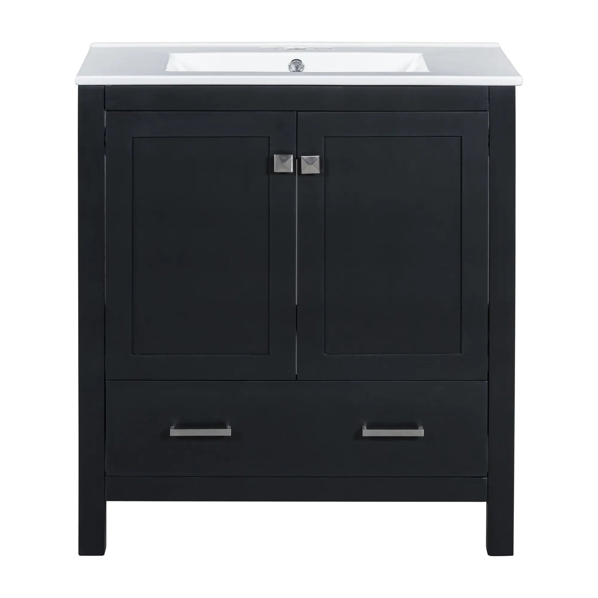 Bathroom vanity with single sink with white top atop black solid wood cabinet with 2 doors on Tampa Home & Garden Store