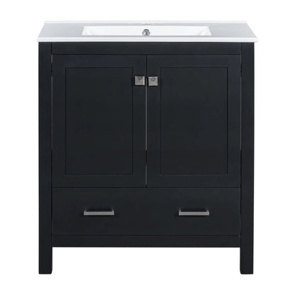 Bathroom vanity with single sink with white top atop black solid wood cabinet with 2 doors on Tampa Home & Garden Store