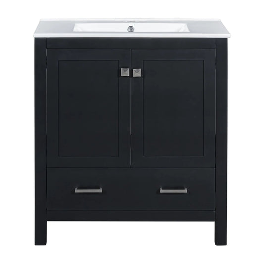 Bathroom vanity with single sink with white top atop black solid wood cabinet with 2 doors on Tampa Home & Garden Store
