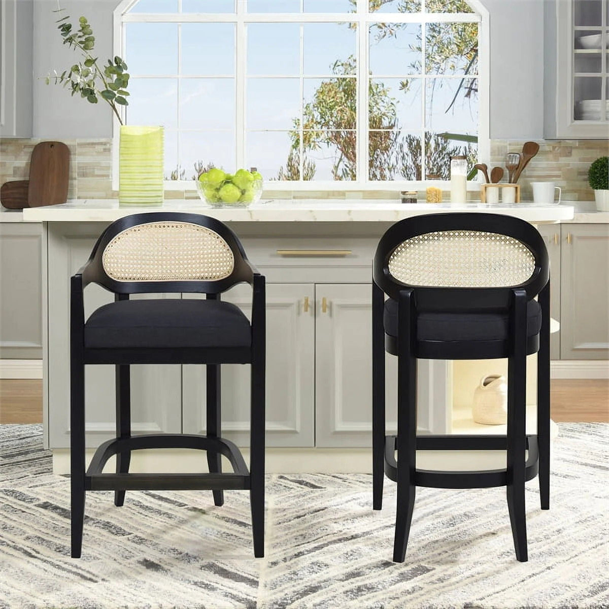 Mid-Century Cane Back Counter Stool, black frame with beige cane back, barrel seat, HouseOfZazla 2-pack on Tampa Home & Garden Store