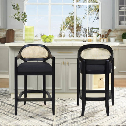 Mid-Century Cane Back Counter Stool, black frame with beige cane back, barrel seat, HouseOfZazla 2-pack on Tampa Home & Garden Store