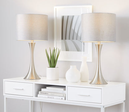 Lenuxe table lamp set of 2 with gray fabric shades and brass bases on Tampa Home & Garden Store