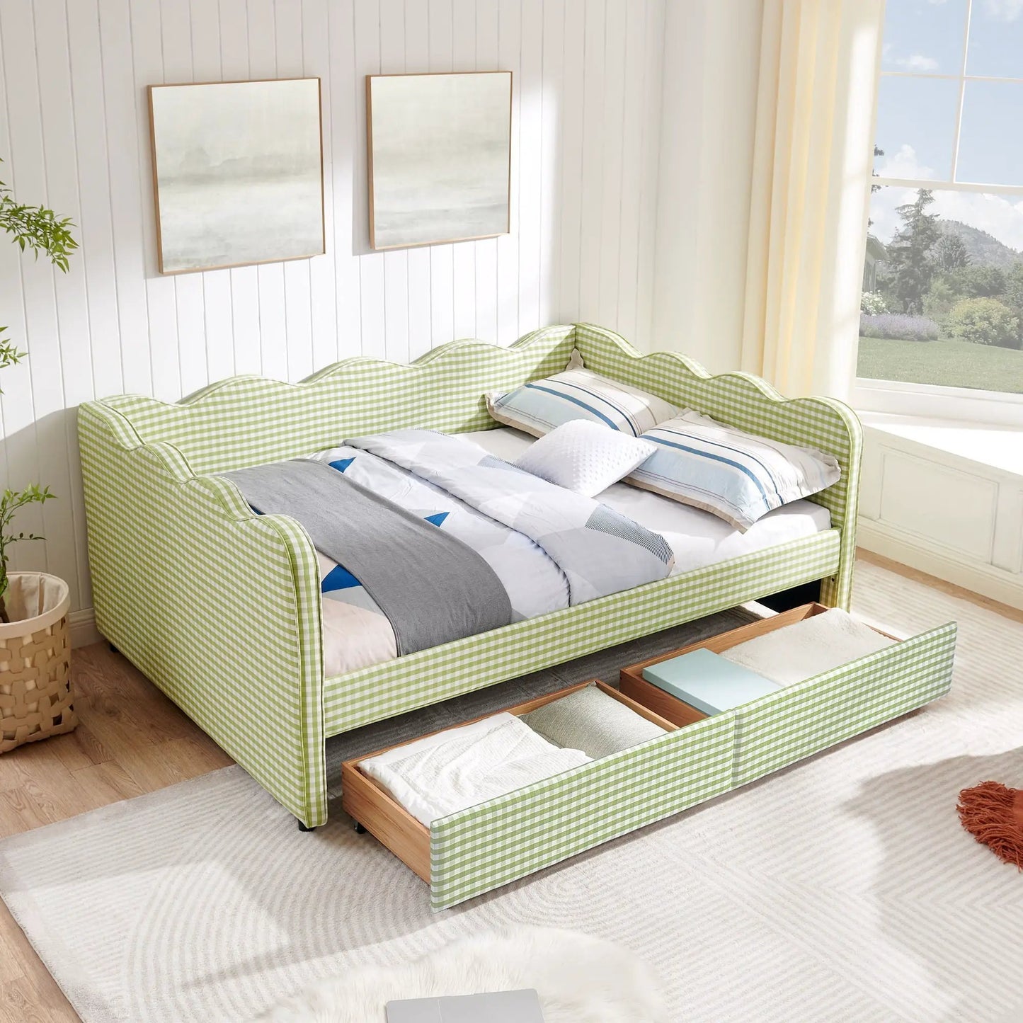 Gingham Daybed With USB Port and Wave Design