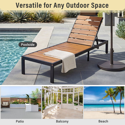Outdoor chaise with adjustable backrest, wood slats & black frame HouseOfZazla poolside on Tampa Home & Garden Store