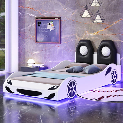 Race car shaped bed with LED, purple and white frame, black upholstered backrests, HouseOfZazla on Tampa Home & Garden Store