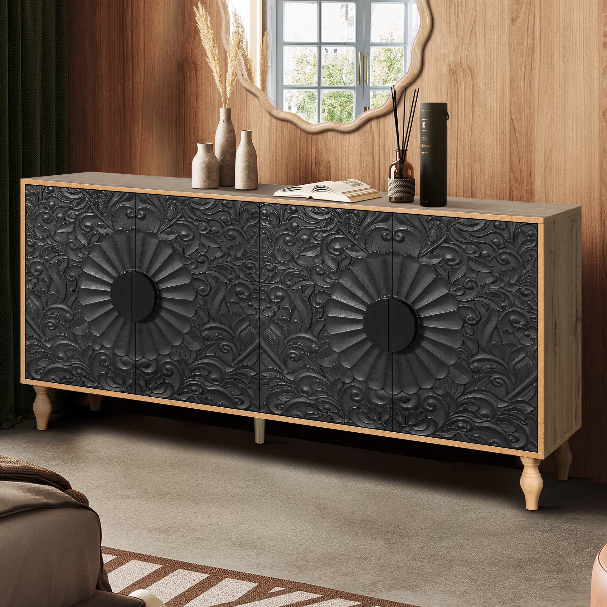 TV stand black with carved symmetrical design and wood-coloured frame, HouseOfZazla on Tampa Home & Garden Store
