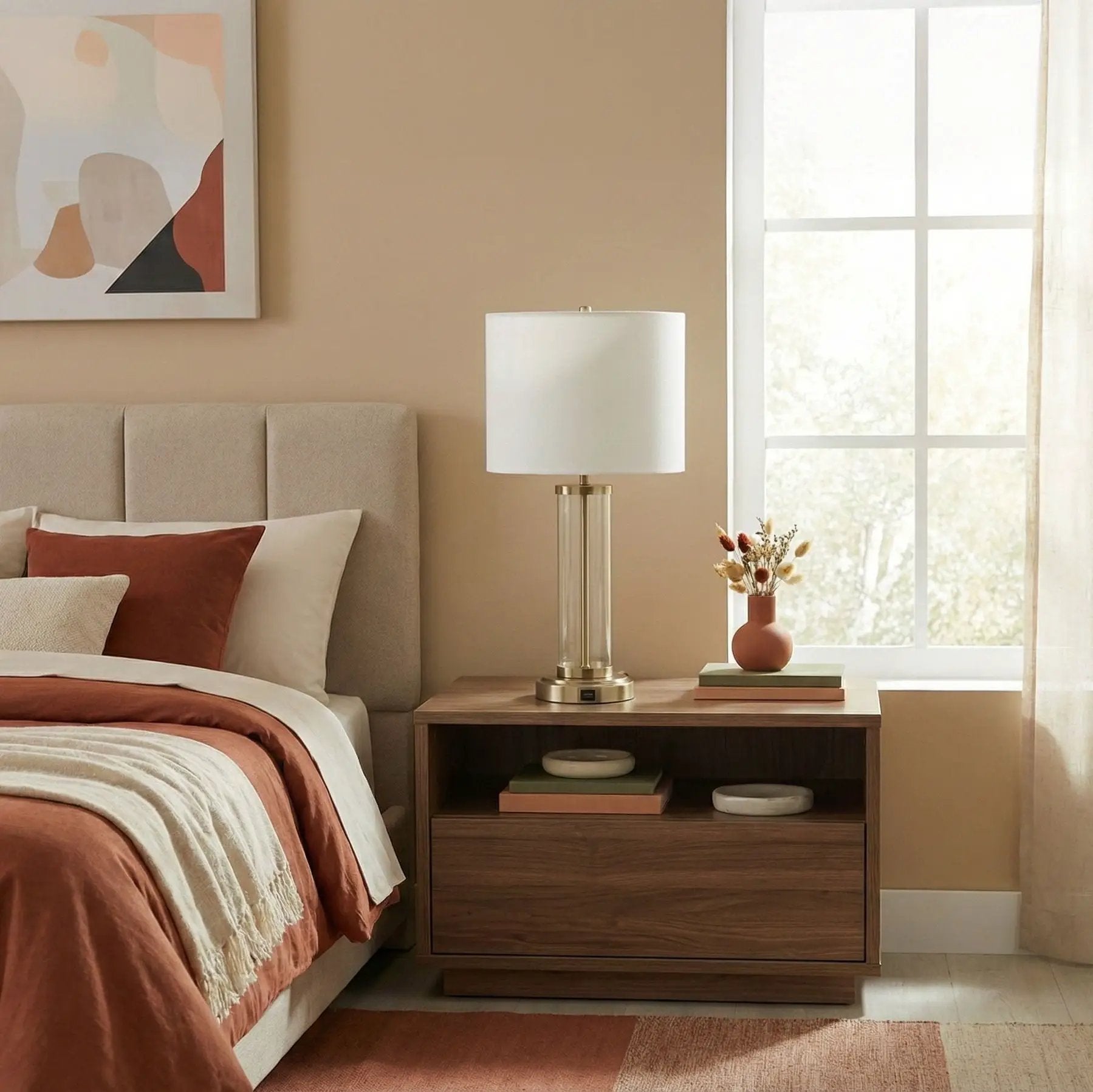 Luna table lamp with clear glass body, brass base, white shade on bedside table on Tampa Home & Garden Store