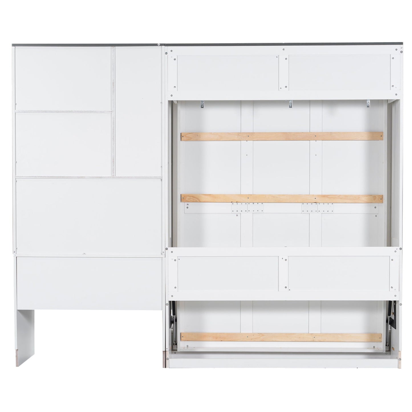 Murphy bed frame with built-in storage cabinets and wood slat base, white, full size on Tampa Home & Garden Store