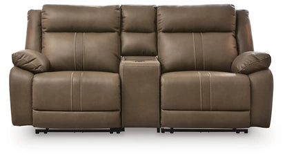 Max-Momentum reclining sectional by Unique Piece Furniture, brown faux leather with center console on Tampa Home & Garden Store