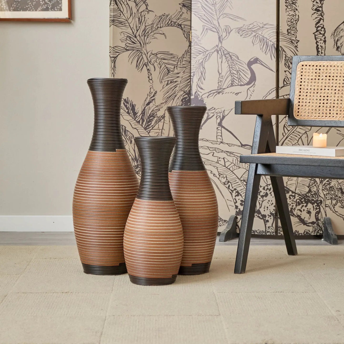 Designer Floor Vases set of 3 in dark brown ribbed ceramic with earthy gradient bases on Tampa Home & Garden Store