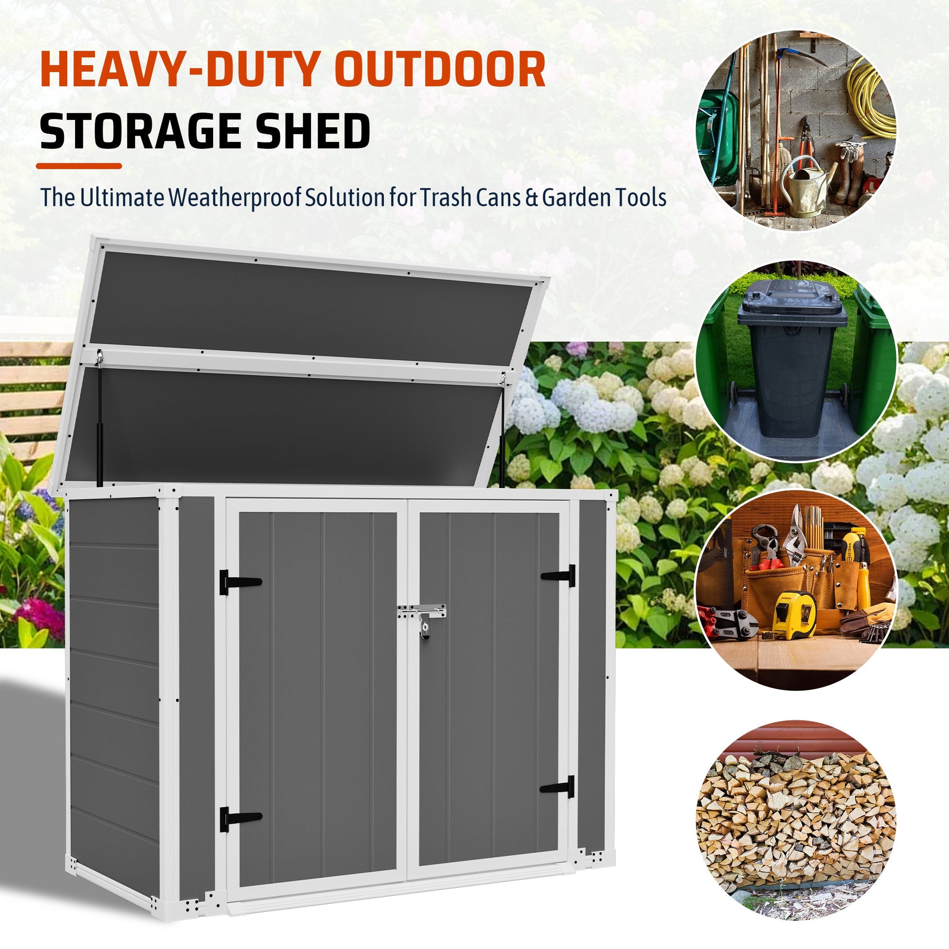 Horizontal Outdoor Storage Shed with Ramp & Hydraulic Lid, gray panels by HouseOfZazla on Tampa Home & Garden Store