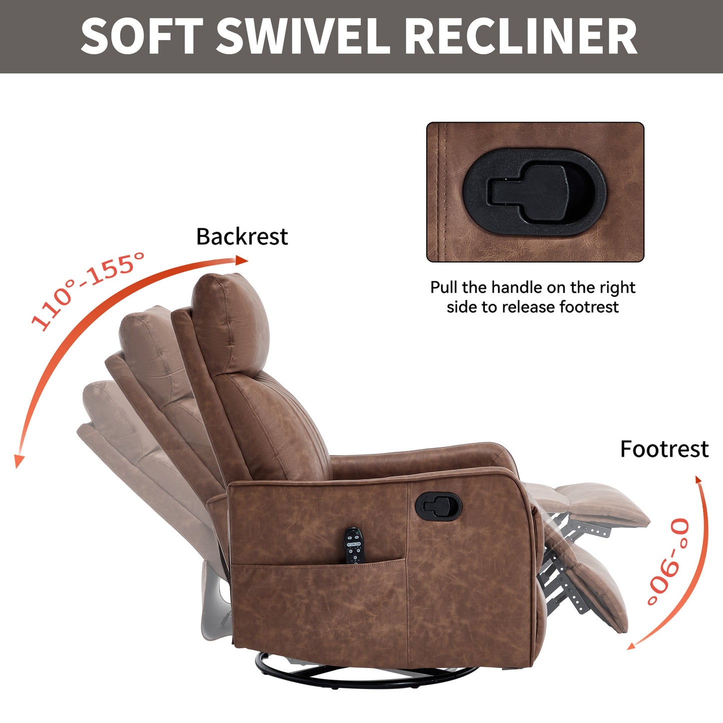 Brown Heat Massage Manual Recliner Chair with brown leather upholstery and side remote on Tampa Home & Garden Store